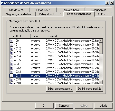 Propriedades Site Web Padrão